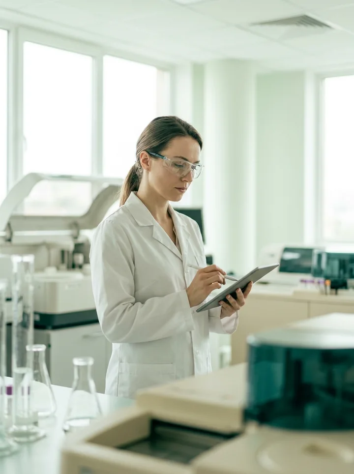 Bioquímica revisando resultados en una tablet dentro del laboratorio