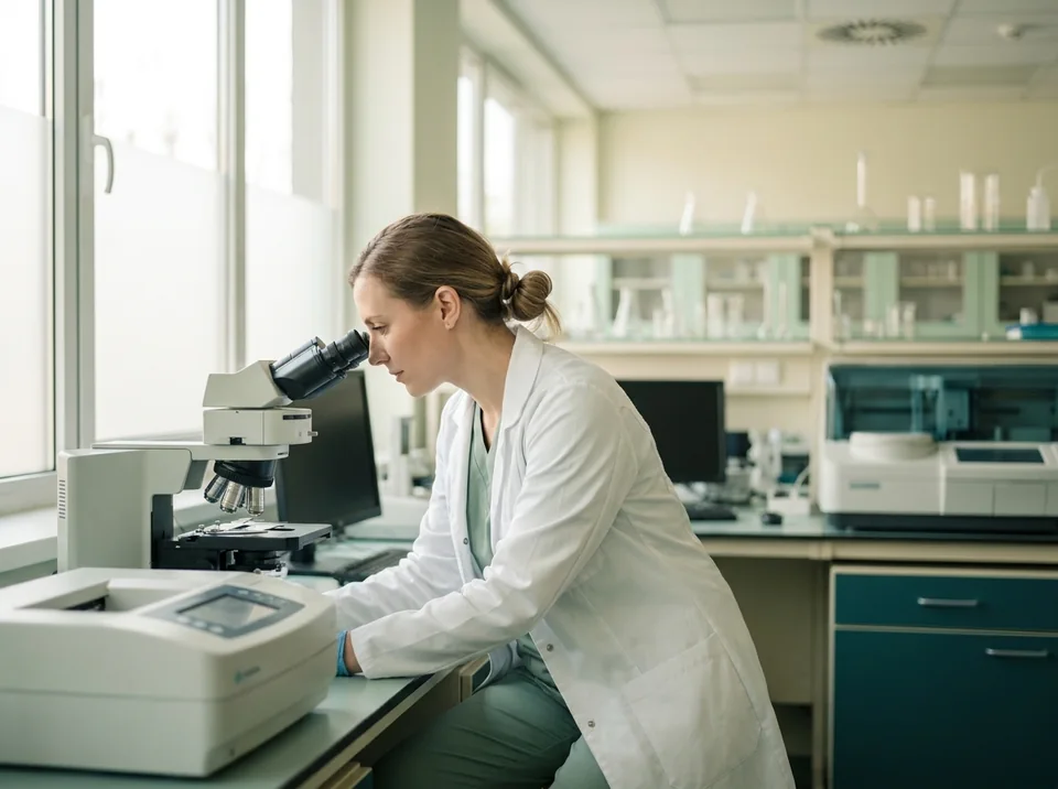 Bioquímica observando muestras por el microscopio en el laboratorio